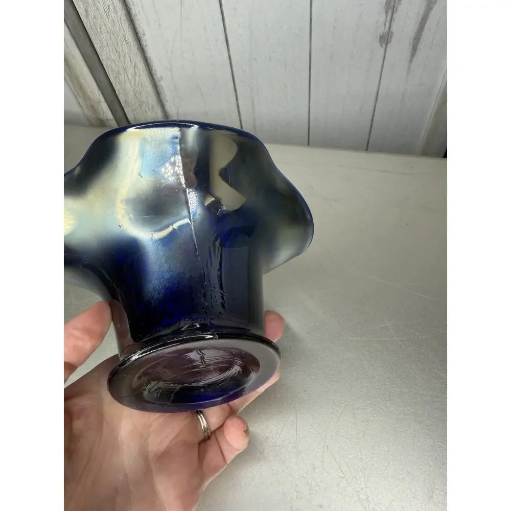 Vintage Fenton Hat Vase Bowl Cobalt Blue Carnival Glass Leaves & Berries